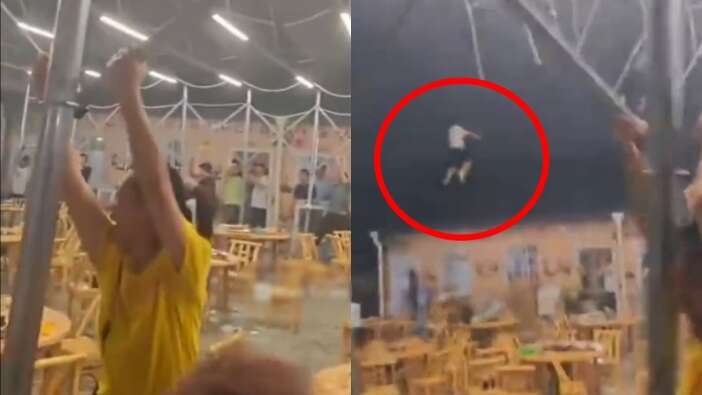 Kafenin tentesine tutunmaya çalışıyorlardı! Havaya uçtular...