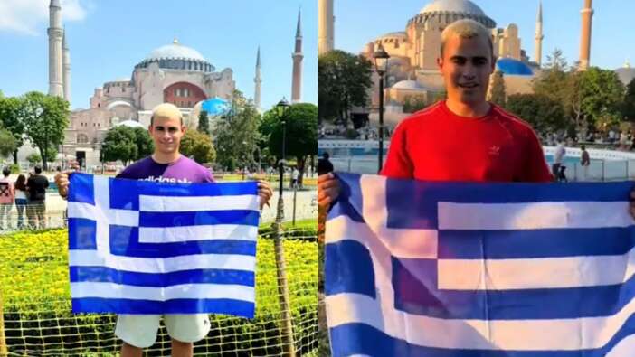 Yunan provokatör Ayasofya'da bayrak açtı: "Bir gün gerçek sahibine dönecek"