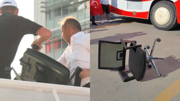 Tanju Özcan CHP Genel Merkezi önünde koltuk fırlattı: "Şimdi in o koltuktan al bu koltuğu git evinde otur, torunlarını sev"
