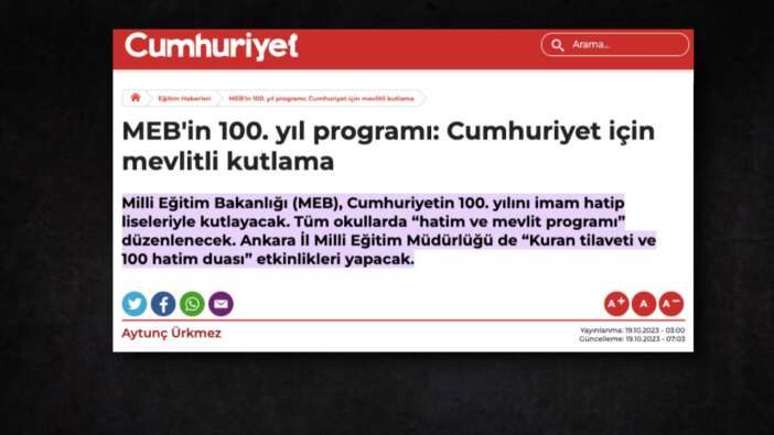 Cumhuriyet Gazetesi, İmam Hatip Liselerinde hatimli 100. yıl kutlamasından rahatsız oldu!