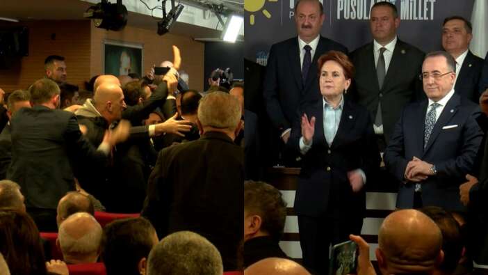 İYİ Parti'nin aday tanıtım toplantısında gerginlik: Meral Akşener'in önünde tekmeler tokatlar havada uçuştu!