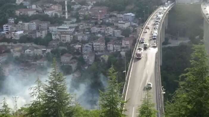 TEM'deki otomobil yangını ağaçlara sıçradı! Kilometrelerce araç kuyruğu oldu