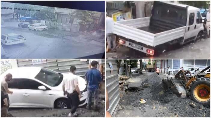 İstanbul'da şiddetli yağış: Yol çöktü, iki araç içine düştü... AKOM, saat vererek uyardı