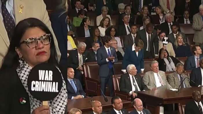 Netanyahu şov yaparken o pankart açtı: Savaş suçlusu!