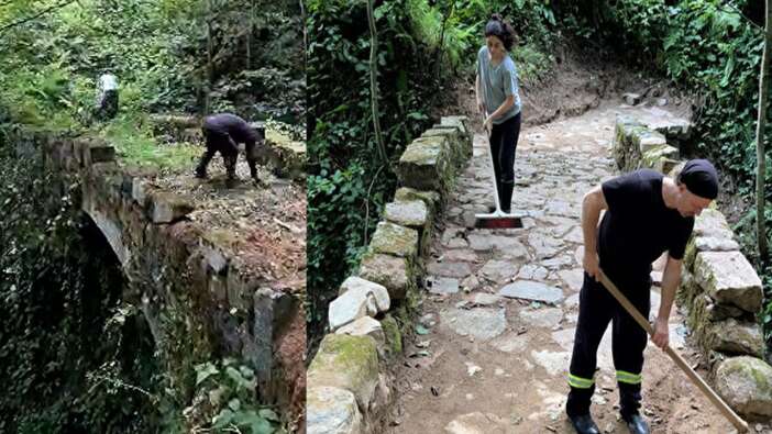 Rize'de Baba kız azmiyle 150 yıllık köprüyü ortaya çıkardı