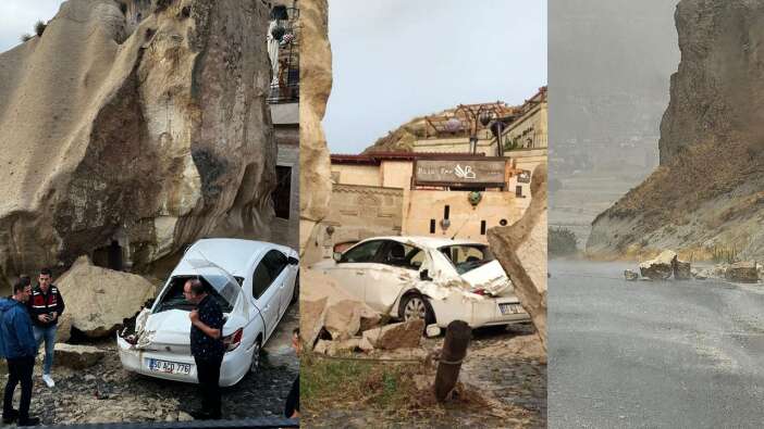 Kapadokya'yı sel vurdu: Kopan kayalar 3 araçta hasara neden oldu