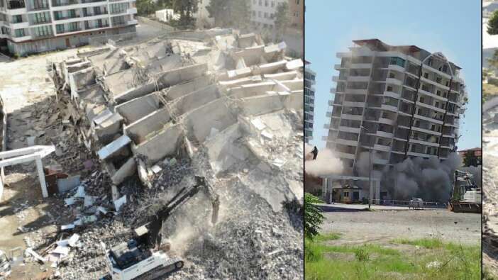 İskenderun'da 16 katlı bina iş makinesinin darbesiyle kağıt gibi yerle bir oldu