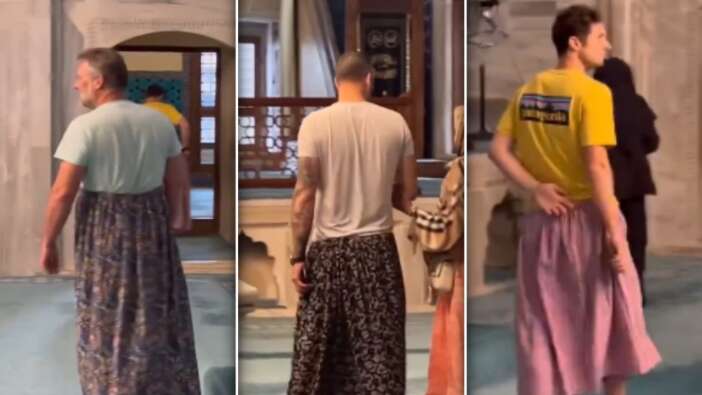 Erkek turistlerden gülümseten hareket: Kadınlar için konulan etekleri kendileri giydi...