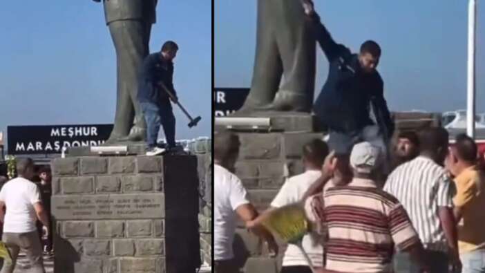 Ayvalık'ta Atatürk heykeline balyozla saldıran şahsı vatandaşlar etkisiz hale getirdi