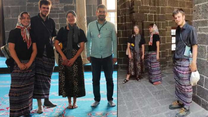 Bursa'dan sonra Diyarbakır; Ulu Camii’de erkek turistler kadınlar için ayrılan etekleri giydi