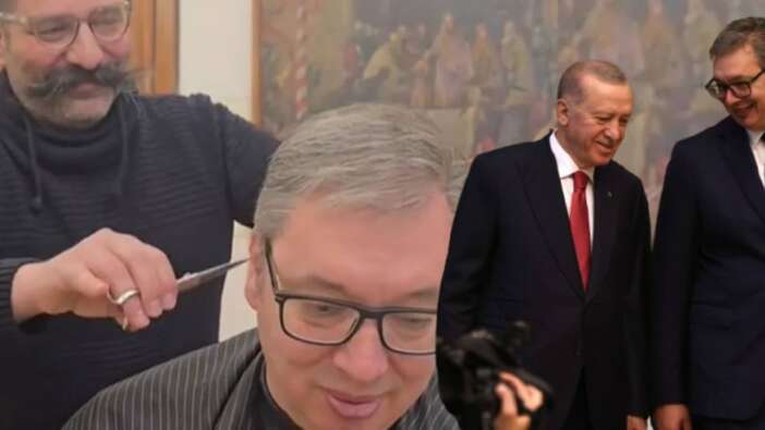 Aleksandar Vucic berberinin bıyığını Cumhurbaşkanı Erdoğan'ın korumasına benzetti