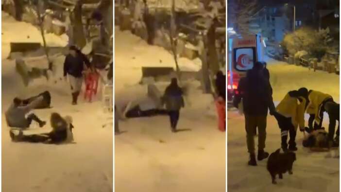Eğlence felaketle bitti! Tepsiyle karda kayan genç kız duvara çarptı... Apar topar hastaneye kaldırıldı