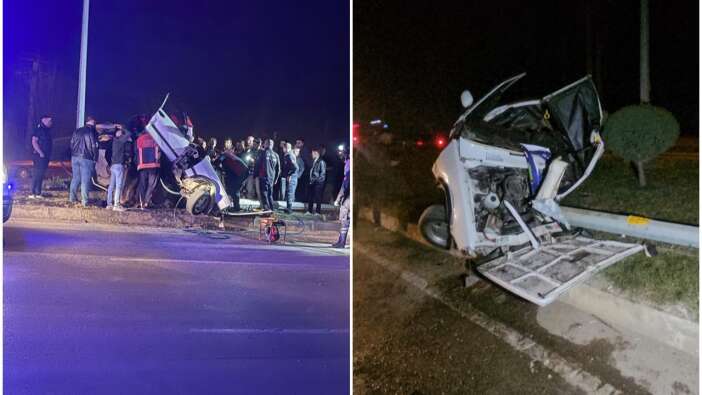 Direğe çarpan araç kağıt gibi ezildi! Geriye bu görüntüler kaldı