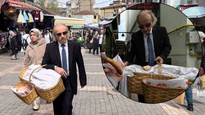 Bursa'nın "Kravatlı simitçi"si takım elbisesi ve boyalı kunduralarıyla simit satıyor