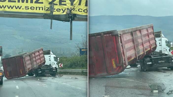 Gemlik’te korku dolu anlar: Damperi açılan tır üst geçide çarptı