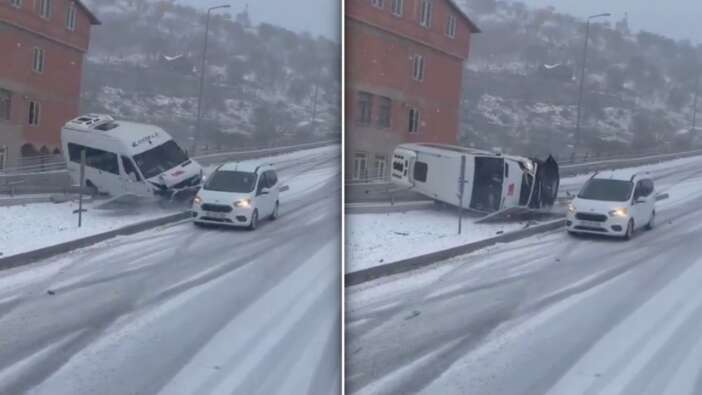 Kayseri’de kar kaosu: Minibüs devrildi, peş peşe kazalar kamerada!