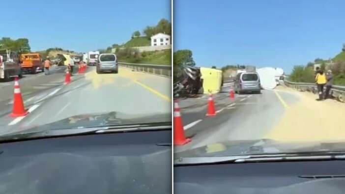 Kaynarca’da tır kazası: Silobas dorse devrildi, yemler yola saçıldı
