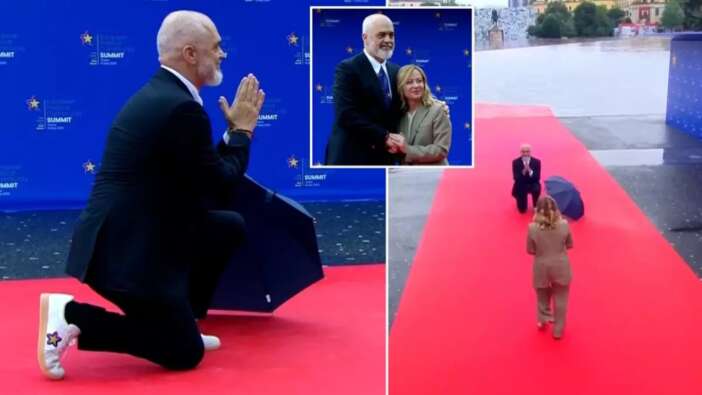 Arnavutluk'ta kırmızı halı şovu: Edi Rama, Meloni’yi diz çökerek karşıladı! Olay sözler