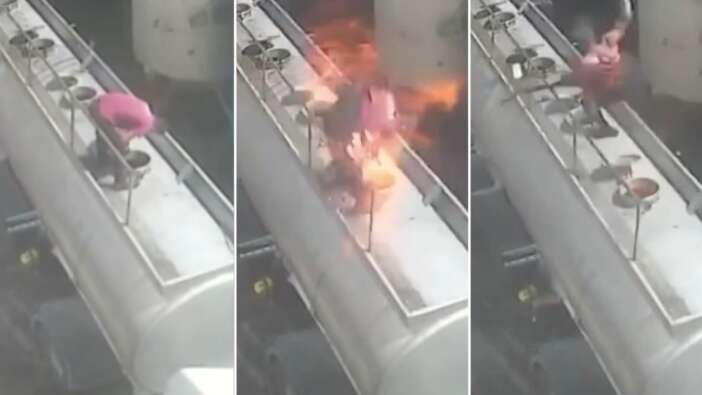 Ağzında sigarayla açtı, tanker kapağı bomba gibi patladı! Dehşet anı kamerada
