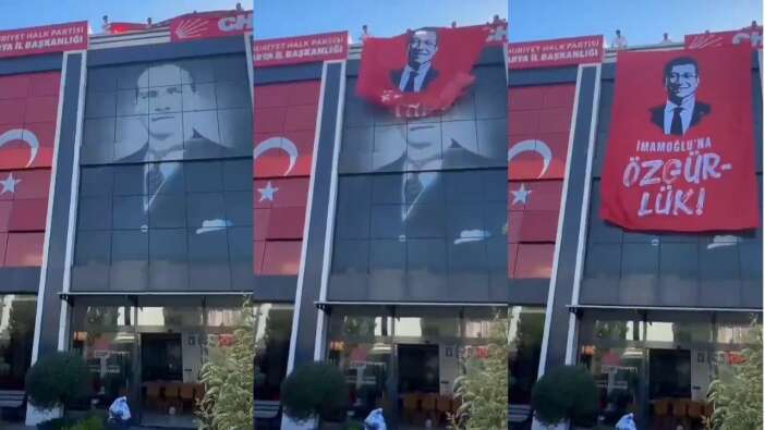 Atatürk’ün partisini teslim aldılar! İmamoğlu'nun dev afişi Atatürk'ün fotoğrafını kapattı!