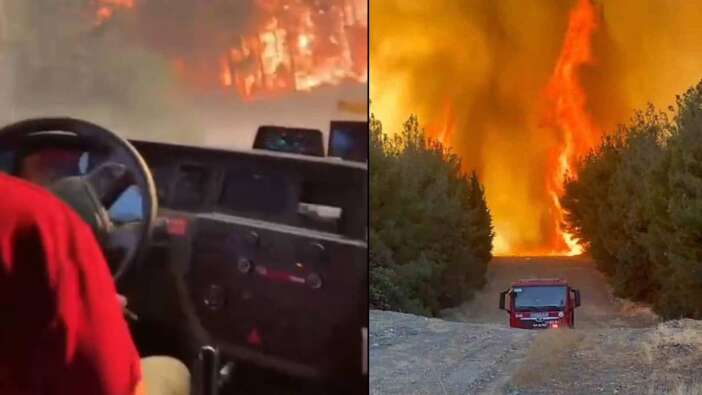 Alevlerin arasında kaldılar! Hayatını hiçe sayan kahraman orman ekibi son anda kurtuldu