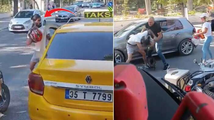 Bornova'da motosikletli kurye ile taksici birbirine girdi, trafik boks ringine döndü