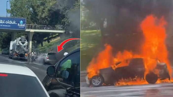 Üsküdar'da seyir halindeki otomobil alev topuna döndü, sürücüler büyük tehlike atlattı