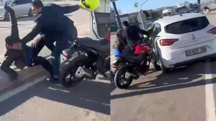 Trafik gerilimi: Panelvan sürücüsü ile motosikletliler arasındaki kavga kamerada