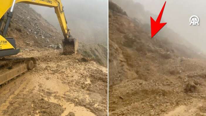 Rize'de sel ve heyelan kabusu! Tonlarca toprağın altında kalıyordu: Operatör son anda kurtuldu