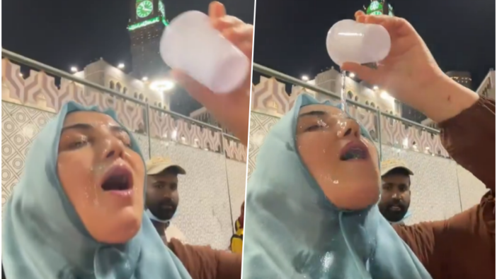 Umre'de zemzem suyunu yüzüne dökerek video paylaşan kadına tepki yağdı! Arkadaki adamın bakışları her şeyi özetliyor