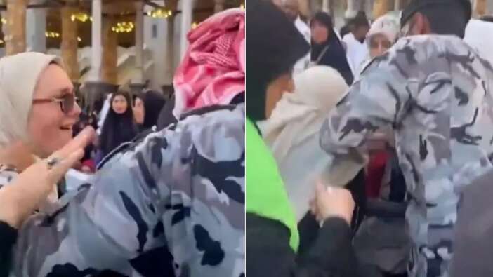 Kabe'de şok anlar! Hatıra için Kabe örtüsünü makasla kesen Türk hacı başörtüsünden tutulup yaka paça gözaltına alındı!